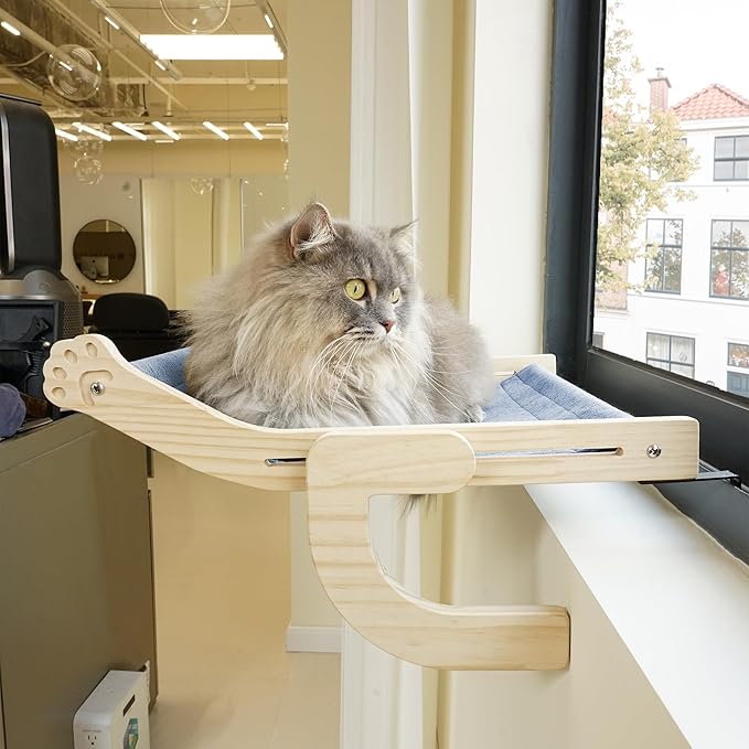 PETKARAY Cat Window Perch, Adjustable Cat Hammock for Windowsill, Indoor Window Shelves and Seat, Window Perch for Large Cats, Blue
