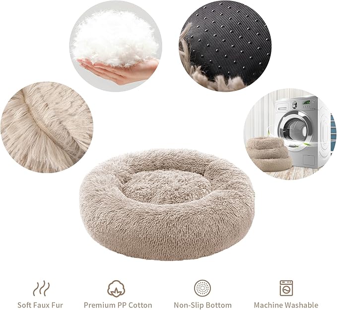 Small Cat Bed for Indoor Cats, Self-Warming Donut Kitty Bed for Small Cats Keeping Warm, Washable Pet Bed with Anti Slip Base, Khaki 20‘’