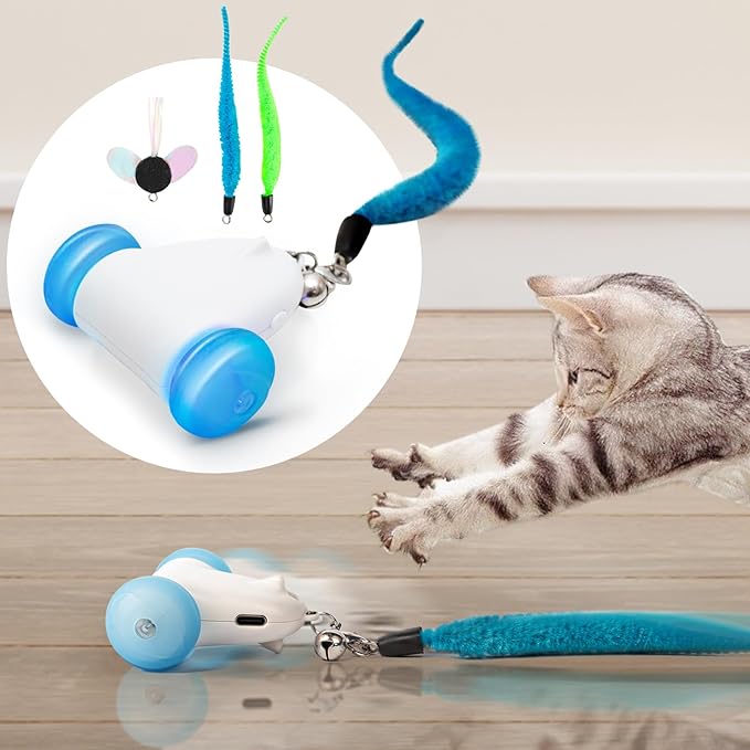 Smart Moving Electric Cat Toys for Indoor Cats, 2-Speed Cat Mouse Toy with LED Wheels, USB Rechargeable,Relieve Lack of Exercise for Cats Kittens, with 3 Toy Pendants