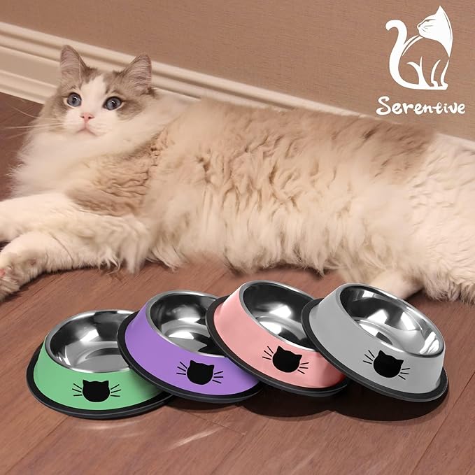 2Pcs Cat Bowls Non-Slip Stainless Steel Small Cat Food Bowls Unbreakable Thicken Cat Feeder 7 Oz Cat Dishes Suitable for Indoor Small Pets Removable Rubber Base Easily Clean Lovely Color