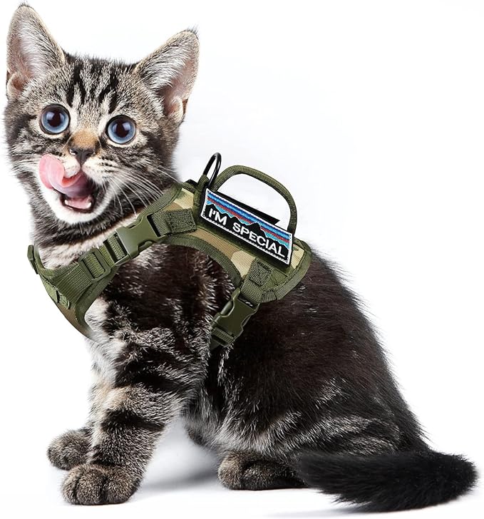 Tactical Cat Harness for Walking, Adjustable Escape Proof Pet Vest for Large Cat,Easy Control Breathable Cat Vest with Handle,Molle Patches (Camo Green, L)