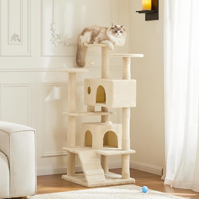 Sweetcrispy 54-Inch Cat Tree Tower – Multi-Level Cat Tower with Sisal Scratching Post, Perfect Cat Gift, Indoor Cat Tree with Condo, Climbing Ladder, Plush Toy, and More Cat Stuff,Beige
