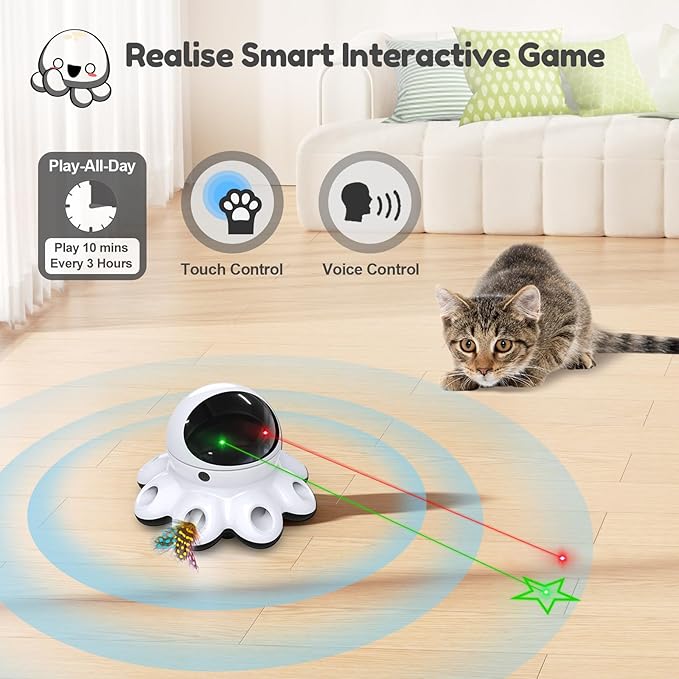 ORSDA Cat Laser Toy, 2-in-1 Green Laser Cat Toys, Automatic Cat Toys for Indoor cat, 8 Holes Mice Whack A Mole Moving Feather, USB Rechargeable Electronic Kitten Toys for All Breeds