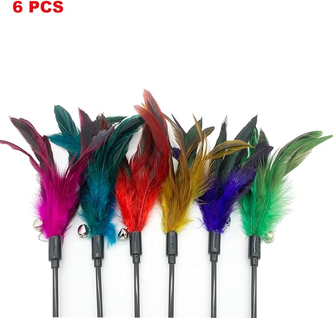 Cat Wand Toy Feather Stick Cat Toys, 6 PCS Cat Feathers Wand Toy, Interactive Cat Toy Feather Wand for Indoor Cats