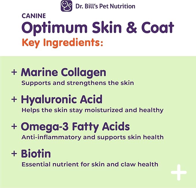 Dr. Bill’s Canine Optimum Skin & Coat (340g) – Fish Oil Omega-3 Fatty Acids Dog Supplement with Biotin, Type I & III Marine Collagen, Hyaluronic Acid & Folic Acid