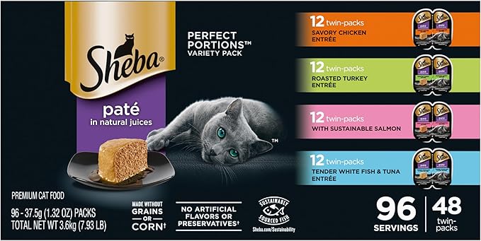 Sheba Perfect Portions Paté Wet Cat Food Variety Pack, Savory Chicken Entrée, Roasted Turkey Entrée, With Sustainable Salmon, and Tender White Fish & Tuna Entrée, 2.6 oz. Trays (48 Count, 96 Servings)