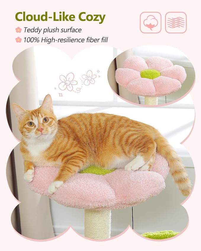 Flower Cat Tree, 28" Cat Tower with Cozy Flower Perch, Large Hammock for Indoor Small Cats, Cute Cat Tree with Sisal Scratching Post and Fur Toy Ball for Kittens, Pink