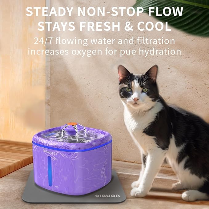 Cat Water Fountain 84oz/2.5L - Automatic Pet Fountain & Dog Water Dispenser with Replacement Filters & Feeding Mat for Cats, Dogs, Multiple Pets (Camouflage Purple)