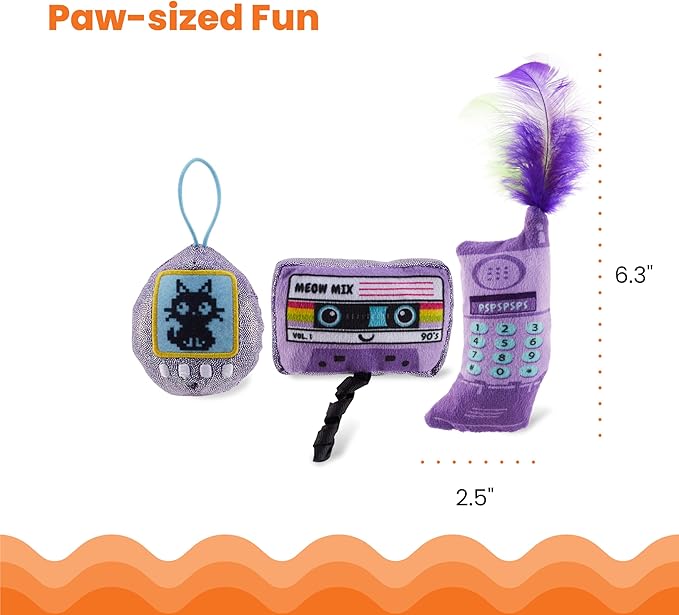 Catstages So Meowsome 90s Themed Plush Catnip Blend Cat Toys, 3Pk, Multicolored