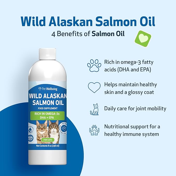 Pet Wellbeing Wild Alaskan Salmon Oil for Cats - Wild-Caught, Cold-Processed, Daily Omega-3 Fish Oil for Healthy Coat and Skin, Joint Mobility and Strength - EPA, DHA - 8 fl oz (236 ml)
