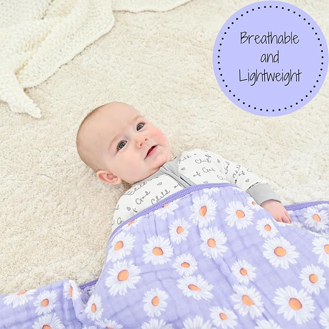 LollyBanks Muslin Baby Blanket 100% Cotton, Muslin Quilt Lightweight, Muslin Blanket for Girls, 6 Layers Baby Blankets 47"x 47", Soft Nursery Receiving Blankets Baby Essentials (Daisy Print)