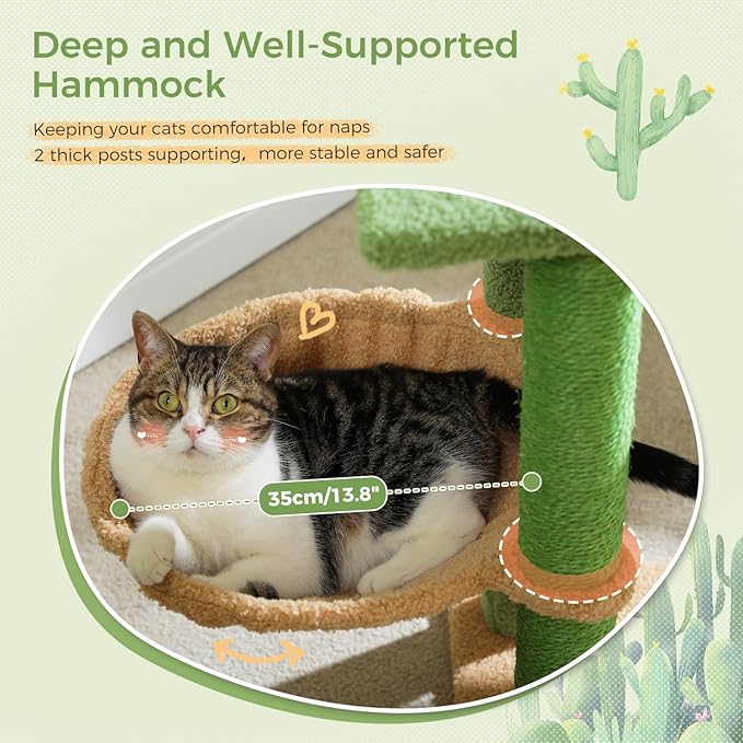 PAWZ Road 41 Inches Cactus Cat Tower with Sisal Covered Scratching Post and Cozy Condo for Indoor Cats, Cat Climbing Stand with Plush Perch &Soft Hammock for Multi-Level Cat Play House