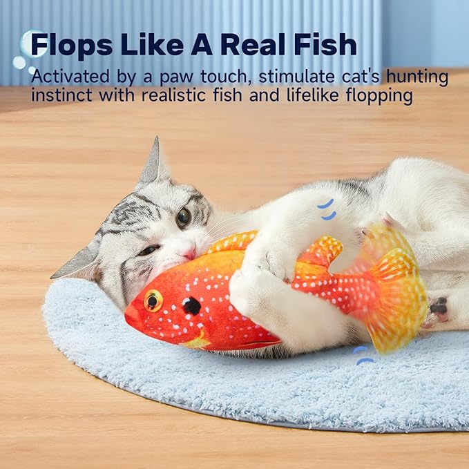 Potaroma Flopping Fish Cat Toy, Interactive Moving Floppy Fish Toy for Cats, Catnip & Silvervine Enrichment, Kitten Kicker Indoor Exercise Toys, Gemfish for All Breeds