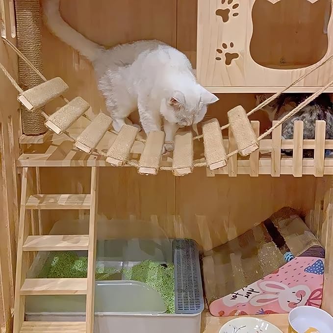 Cat Suspension Bridge,Natural Pine Solid Wood Cat Bridge,Wall Mounted Cat Furniture,Cat Climber Shelves Kitten Hammock,Cat Tree Indoor Hanging Cat Beds(Jute Rope Cat Bridge)