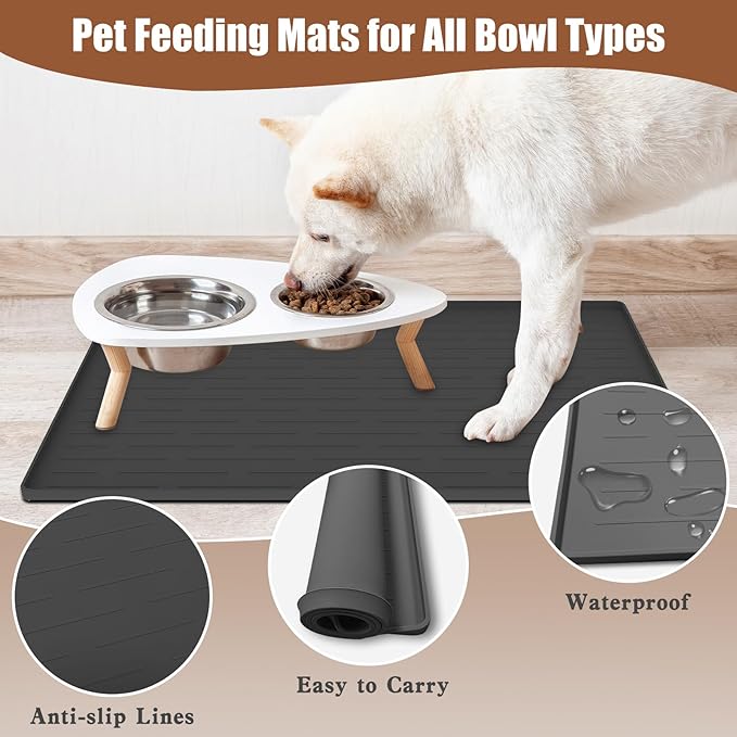 Dog Food Mat, Silicone Dog and Cat Mat for Food and Water Bowls, Waterproof Raised Edge Pet Feeding Mat for Contain Spills Protects Floors, Multiple Colors & Sizes for Pets (18"x12", Deep Green)