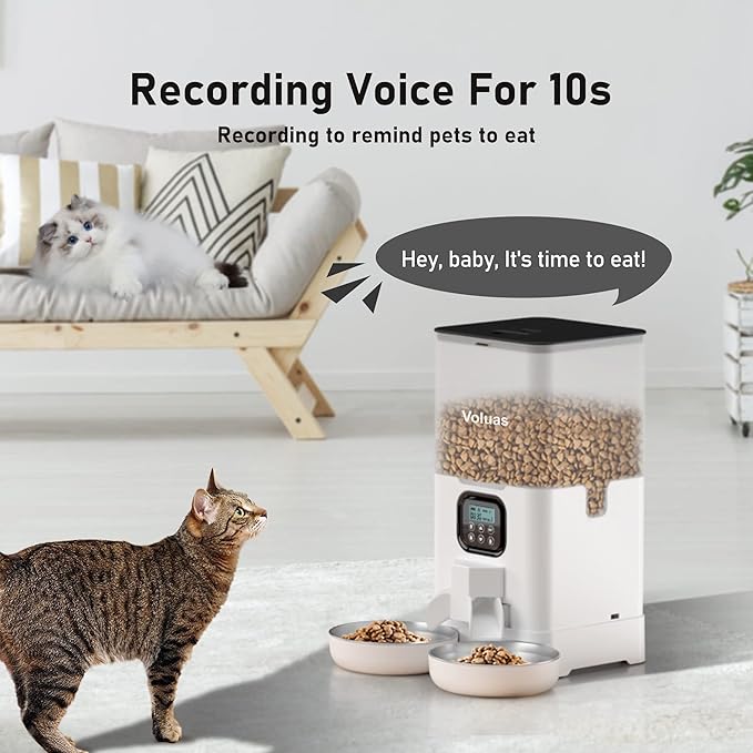Voluas Automatic Cat Feeder for Two Cats, Double Pet Feeder with 2 Stainless Steel Bowls,6L Timed Cat Feeder with Memory Function, Pet Food Dish