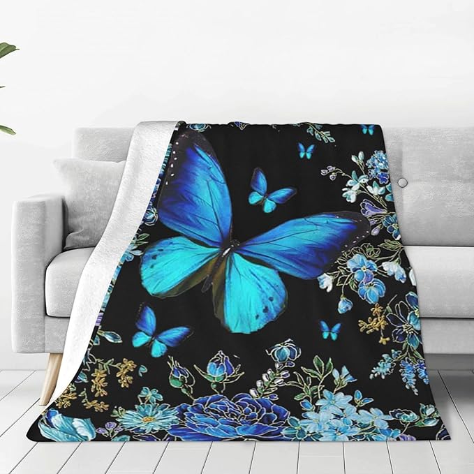 Butterfly Blanket Blue Butterflies Decor Throw Blanket Super Warm Soft Plush Fleece Flannel Beautiful Butterfly Flowers Blanket Gifts for Girls Boys Winter Couch Bedding for Baby Kids Women 50"X60"