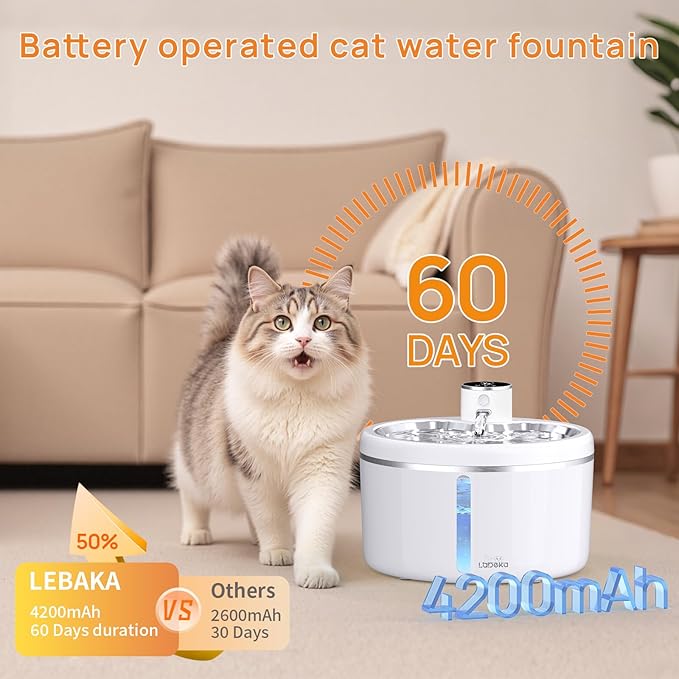 Wireless Cat Water Fountain with Stainless Steel Tray, Battery Operated Cat Fountain - 102oz/3L Automatic Pet Water Dispenser, Easy Clean with Motion Sensor for Cats, Dogs