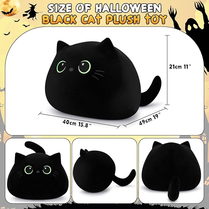 19'' Black Cat Plush Toy- Giant Black Cat Stuffed Animal, Large Black Cat Plushie Kawaii PlushiesGreen Star Eyes Cat Plush Pillow, Black Cat Decor Plush Toys Plushie Christmas Birthday Gift for Kids