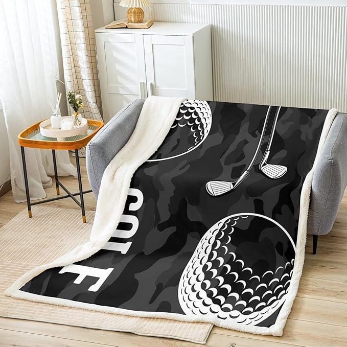 Golf Print Sherpa Camo Camouflage Throw Blanket, Kids Boys Teens Baby, Golf Balls Gaming Plush Soft Microfiber Fuzzy Blanket