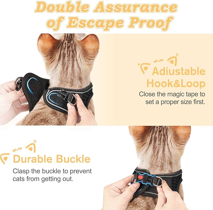 Cat Harness and Leash for Walking Escape Proof, Adjustable Kitten Vest Harness Reflective Soft Mesh Puppy Harness for Outdoor, Comfort Fit, Easy to Control (Black, XXS)