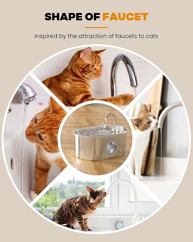 Cat Water Fountain Stainless Steel: 108oz/3.2L pet Water Fountain - Water Fountain for Cats Inside with Water Level Window - Faucet cat Fountain - Quiet Pump - for Dogs and Cats - SOOFPET