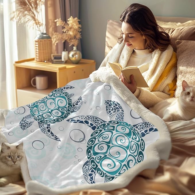 Sleepwish Sea Turtle Fleece Throw Blanket for Kids Soft Plush Aqua Blue Tortoise Sherpa Blanket for Couch Sofa Gift for Turtle Lovers, Baby (30" x 40")