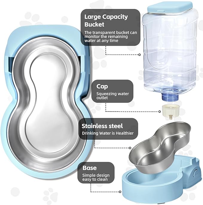 Portable Automatic Cat Feeder and Water Dispenser with Stainless Steel Bowl Dog Gravity Food Feeder and Waterer for Small Medium Pets Puppy Kitten 1 Gallon x 2 (Light Blue(3.8L*2))