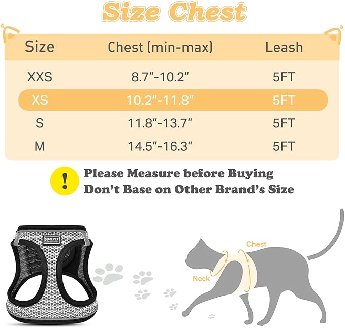 Cat Harness and Leash for Walking Escape Proof, Adjustable Kitten Vest Harness Reflective Soft Mesh Puppy Harness for Outdoor, Comfort Fit, Easy to Control (Gray, XS)