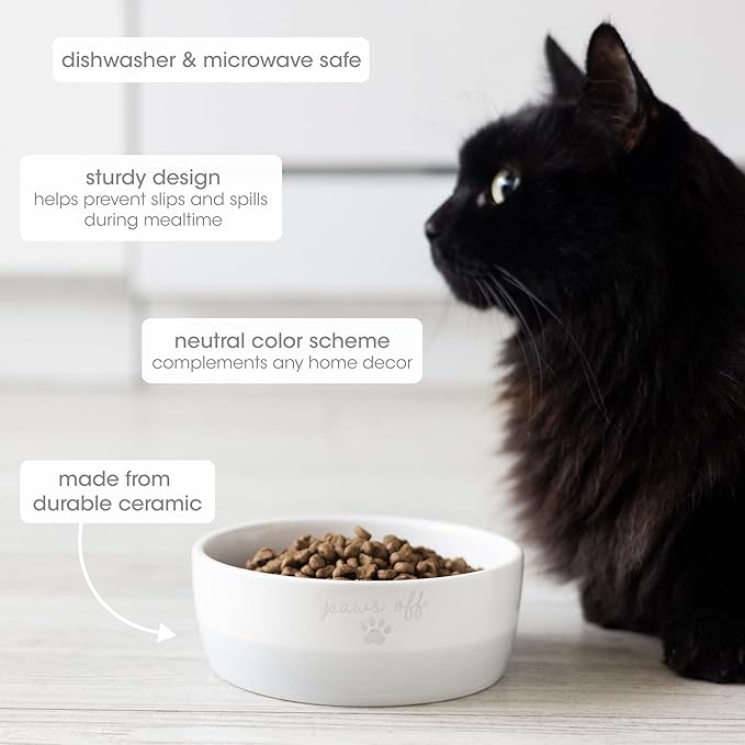 Pearhead Paws Off Ceramic Cat Bowl, Holds 1.3 Cups, Small Food and Water Bowl for Cats, Pet Dish, Microwave and Dishwasher Safe