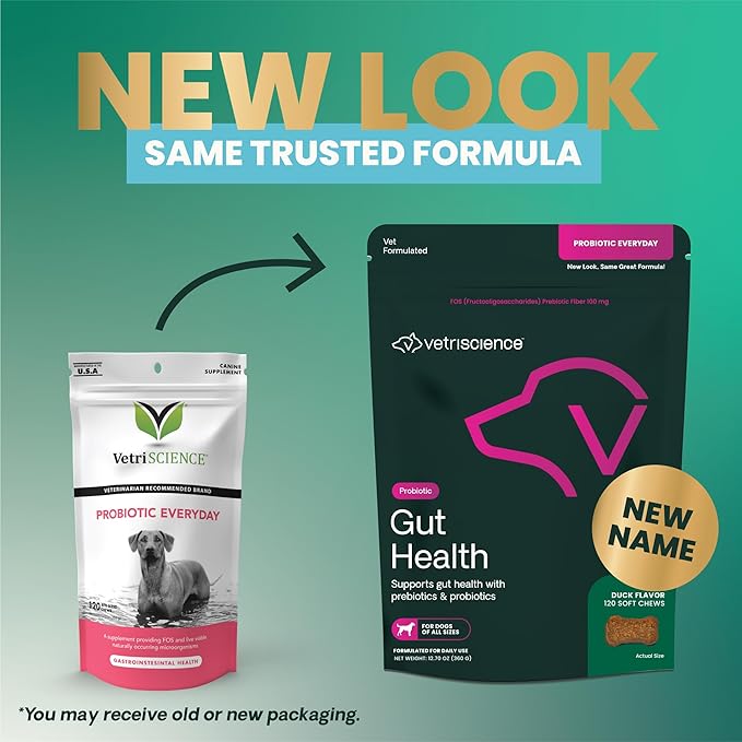 VetriScience Gut Health Chews, Probiotic Everyday Digestive Supplement for Dogs, Digestion Support, Gas & Diarrhea, Immune Support, 1 Billion CFU Per Chew, Duck, 120 Count