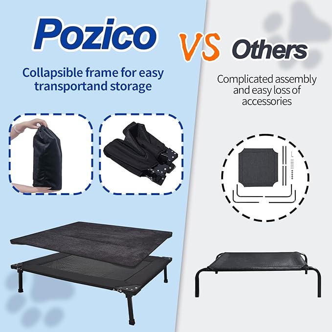 Pozico Foldable Dog Bed Cooling Raised Dog Bed with Metal Frame, Portable Dog Cots, Easy to Clean, Breathable Mesh, Small/Medium Dogs Cats Pets Bed, Indoor Outdoor Use, Travel, Camping, Black-M
