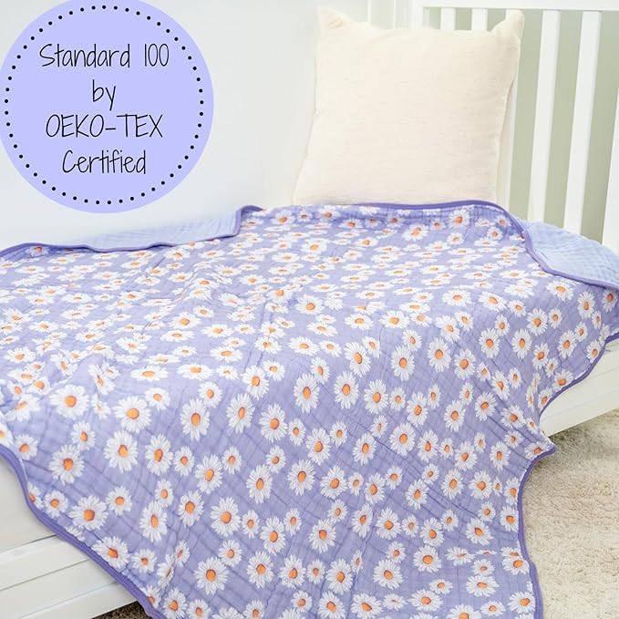 LollyBanks Muslin Baby Blanket 100% Cotton, Muslin Quilt Lightweight, Muslin Blanket for Girls, 6 Layers Baby Blankets 47"x 47", Soft Nursery Receiving Blankets Baby Essentials (Daisy Print)