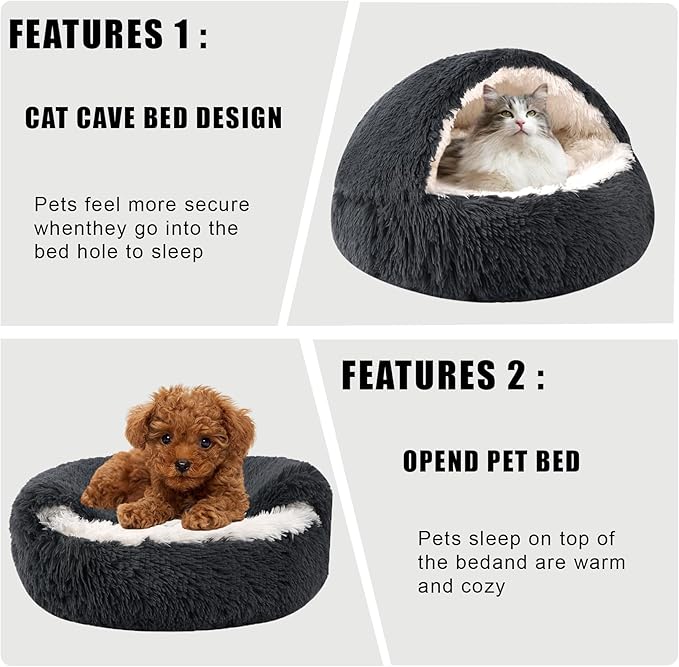 HYQ Dog Bed for Small Dogs, Cozy Cat Cave Bed, Cat Beds for Indoor Cats Washable, Non-Slip Cat Beds, Calming Dog Bed with Hooded Cover, Dog Bed with Cover for Small Medium Pets(Dark Grey, 16×16 Inch)