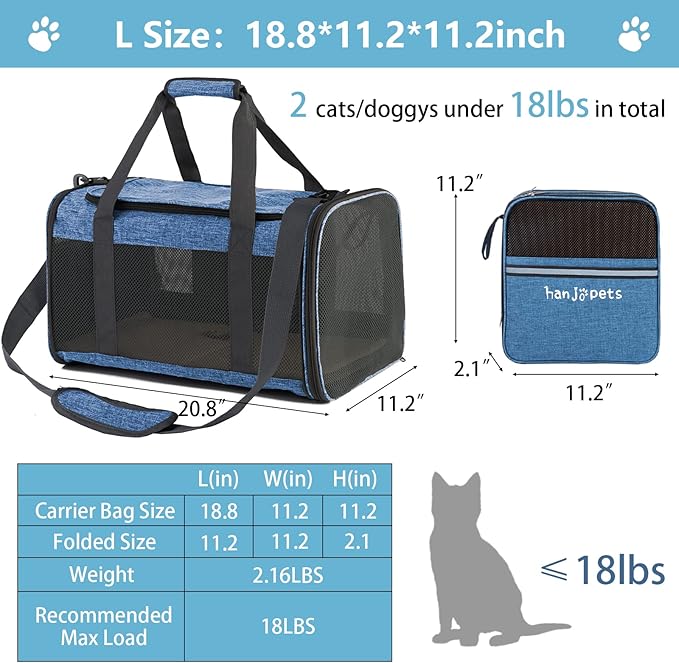 Large Cat Carrier 20lbs - Pet Carrrier Bag - Soft Sided Breathable Mesh Pet Travel Carrier for Dogs, Portable Top Loading Big Cat Carrier for 2 Cats, Folding Dog Soft-Sided Carrier, Blue
