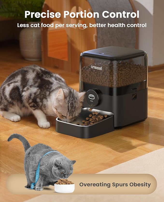 oneisall Automatic Cat Feeder, Timed Cat Feeder with Stable Structure, Dry Food Dispenser with Backup Power, Programmable, 1-6 Meals Per Day Pet Food Dispenser with Desiccant Bag