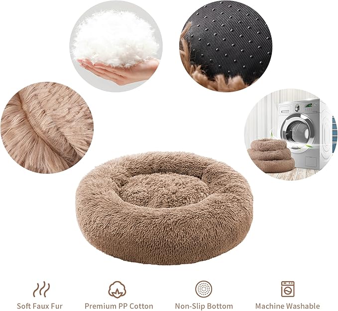 Small Cat Bed for Indoor Cats, Self-Warming Donut Kitty Bed for Small Cats Keeping Warm, Washable Pet Bed with Anti Slip Base, LightCoffee 20‘’