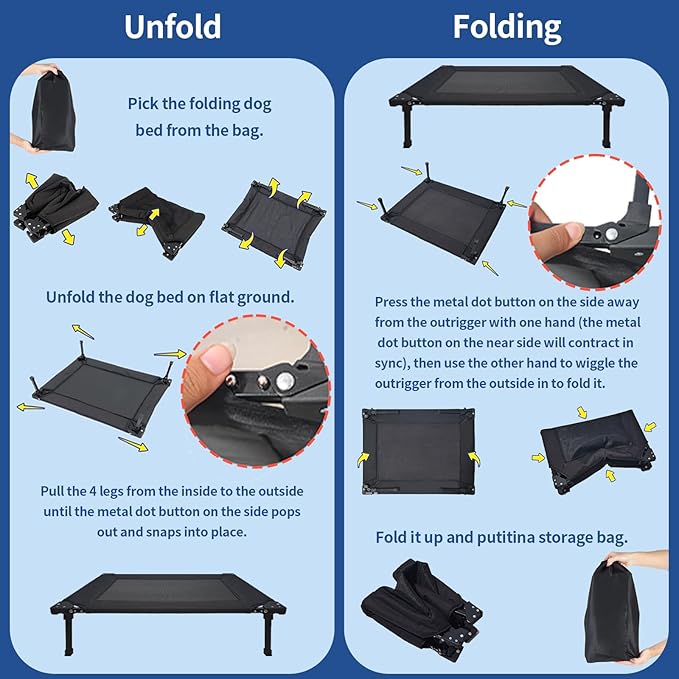Pozico Foldable Dog Bed Cooling Raised Dog Bed with Metal Frame, Portable Dog Cots, Easy to Clean, Breathable Mesh, Small/Medium Dogs Cats Pets Bed, Indoor Outdoor Use, Travel, Camping, Black-M