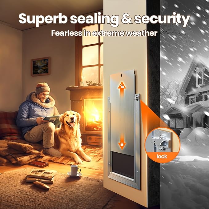 Dog Door for Wall, Medium Doggy Door, Heavy Duty Cat Pet Door, All Aluminum Frame, Double Magnetic Flaps, Energy Efficient, Telescoping Tunnel, Sliding Lock Panel, Easy to Install (Pets Up to 45 Lb)
