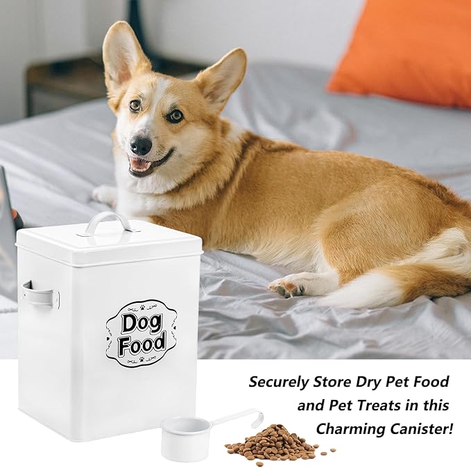 Youeon 5 Lbs- 25 Cup Metal Dog Food Storage Container with Lid and Scoop, Airtight Dog Treat Container, Farmhouse Pet Food Storage Container, Cute Dog Food Canister, Gift for Dogs and Owners, White