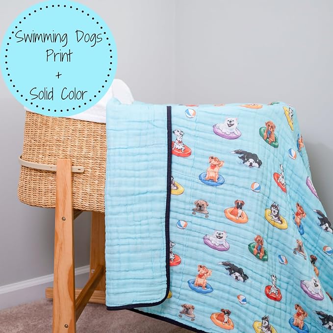 LollyBanks Muslin Baby Blanket 100% Cotton, Muslin Quilt Lightweight, 6 Layers Baby Blankets 47"x 47", Toddler Blanket for Boy and Girl, Nursery Receiving Blankets(Swimming Dogs Print)