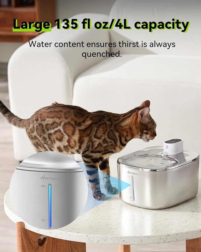 Wireless Cat Water Fountain, 135 fl oz/4L Battery Operated Cat Fountain Stainless Steel with Water Level Window, 3 Work Modes, Cordless Pet Water Fountain for Cats, Dogs, Pets, Inside