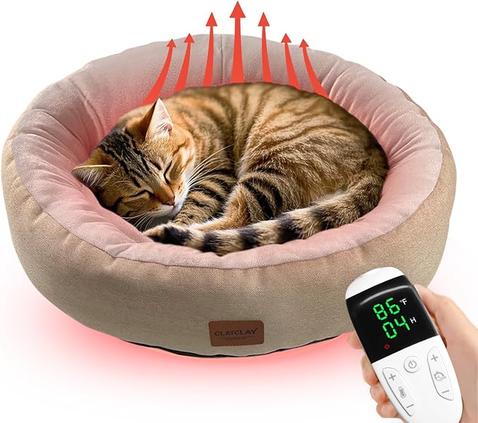 Heated Cat Bed,Round Heated Cat Bed for Indoor Cats, 20" Cozy Washable Heated Cat Bed with Timer & Temperature Adjustable,Non-Slip Bottom,Removable,Pet Heating Pad with Waterproof