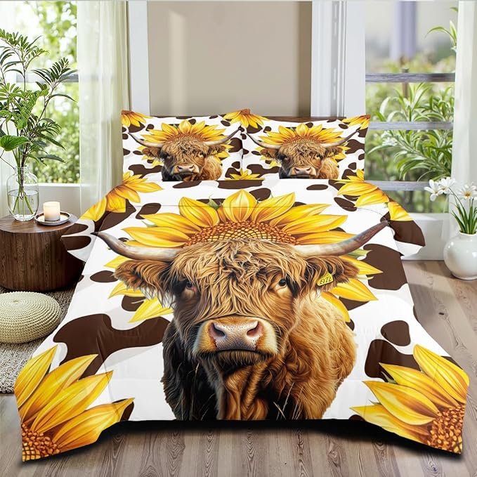Highland Cattle Comforter Set Twin Cute Animal Bedding Set Aesthetic Microfiber Comforters Soft with 1 Pillowcase