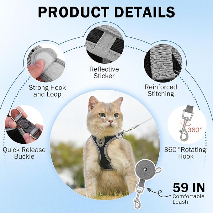 SCENEREAL Cat Harness and Leash Set Escape Proof, Adjustable Soft Air Mesh Kitten Harnesses for Girls Boys Small Medium Big Cats, Reflective Light Travel Pet Walking Vest for Puppy Rabbit, Black S