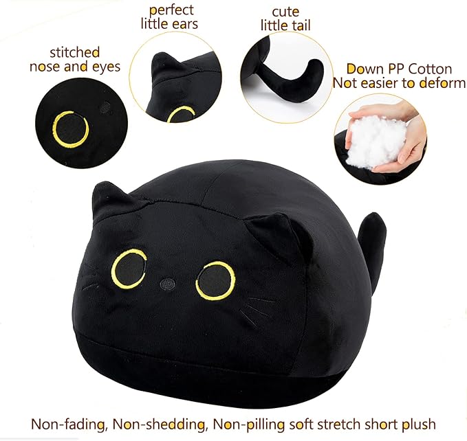 15.7" 3D Black Cat Plush Toy Pillow, Soft Kawaii Kitten Stuffed Animal Cushion