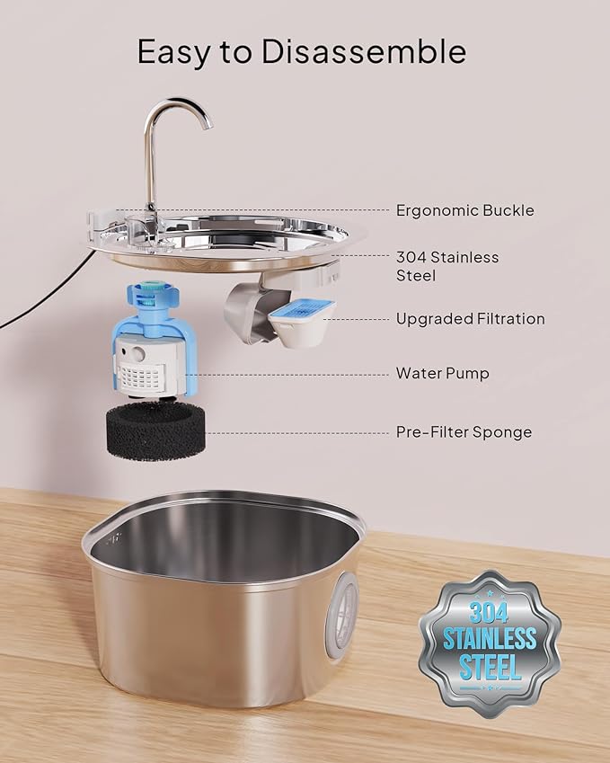 Cat Water Fountain, Pet Water Fountain for Cats/Dogs Indoor, Stainless Steel Cat Drinking Fountains with Water Level Window and 3 Filters + 3 Sponges(3.2L/108oz)