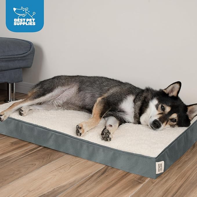 Best Pet Supplies Cute Dog Crate Mat Flat Bed with Waterproof Exterior, Thick Orthopedic Egg Foam Mattress, and Soft Sherpa Fleece Cover for Small, Medium, and Large Breeds - Gray, 35X22X4