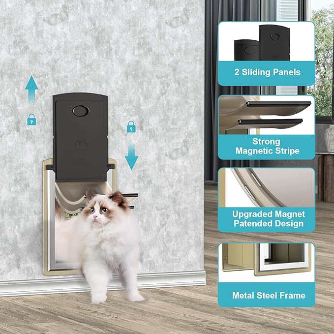 ClawJaw Doggy Door for Wall, Metal Frame and Telescopic Tunnel Pet Door, Double-Sided Wind Deflector and Magnetic Flaps, Easy to Install, Yellow (Pets Up to 50 Lb)-Medium