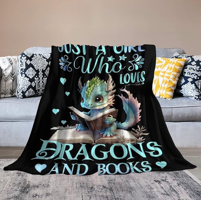 Just A Girl Who Love Dragons and Book Blanket Dragons Gifts for Girls Boys Woman Kids Read Lover Throw Blankets Soft Blanket Warm Fleece Flannel Plush Blankets for Bed Sofa Couch 50"x60"